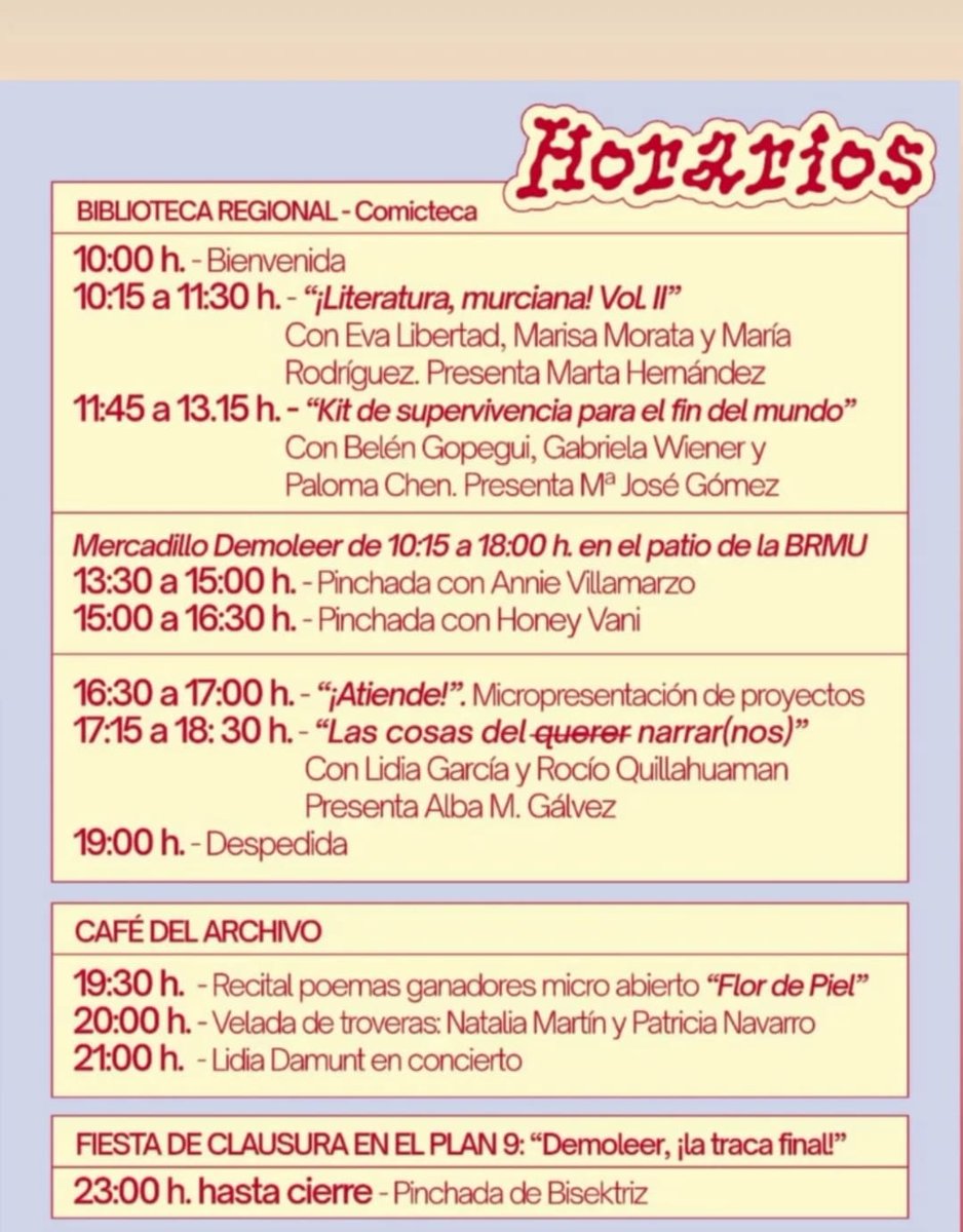 📢 Vuelve #Demoleer y aquí el pedazo programa!!

Reserva el próximo sábado 17 de mayo porque va a ser una chulada espectacular

🍋Demoleer es el primer festival de literatura feminista murciano

Charlas con autoras y micropresentaciones, concierto, pinchadas y súper mercadillo...