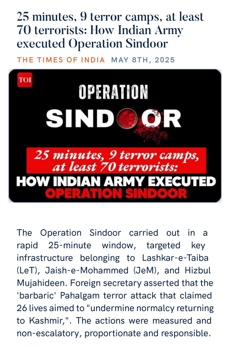 25 minutes, 9 terror camps, at least 70 terrorists: How Indian Army executed Operation Sindoor
timesofindia.indiatimes.com/india/25-minut… via NaMo App
