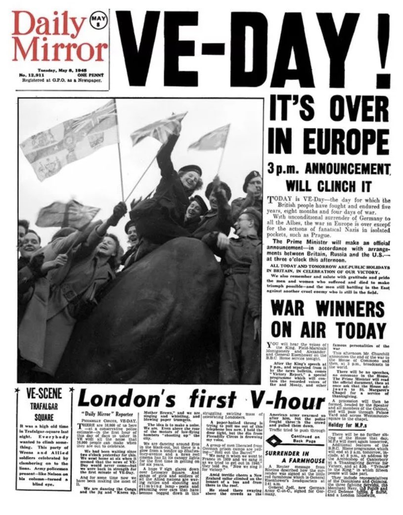Front page of <a href="/DailyMirror/">The Mirror</a> on May 8, 1945 - 80 years ago today.