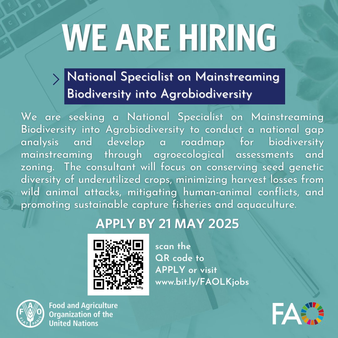 🌾 We're #hiring!

Join our team as a National Specialist on Mainstreaming Biodiversity into Agrobiodiversity to conduct a national gap analysis &amp; develop a roadmap for biodiversity mainstreaming.

Apply now: bit.ly/FAOLKjobs

#vacancy #lka #SriLanka #Sustainability #Jobs