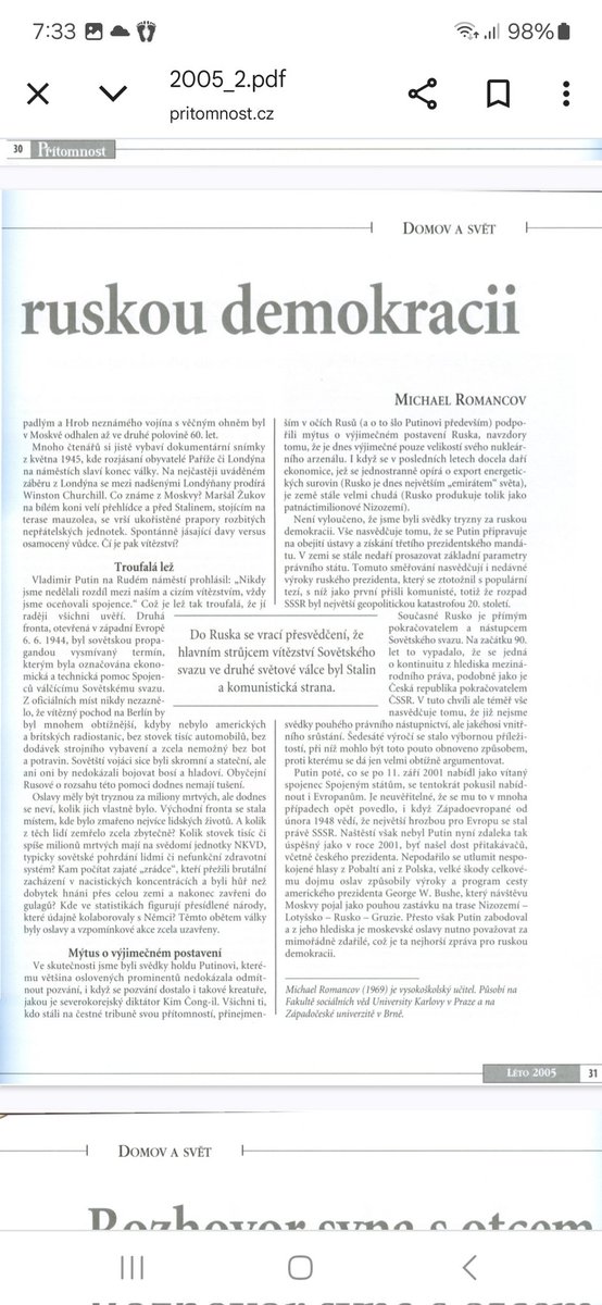 Michael Romancov (@michaelromancov) on Twitter photo Před dvaceti lety jsem pro časopis <a href="/Pritomnost_cz/">Časopis Přítomnost</a> napsal článek o tehdejších moskevských oslavách "velkého vítězství ". Nemusím na tom měnit ani čárku. Před dvaceti lety jsem pro časopis <a href="/Pritomnost_cz/">Časopis Přítomnost</a> napsal článek o tehdejších moskevských oslavách "velkého vítězství ". Nemusím na tom měnit ani čárku.