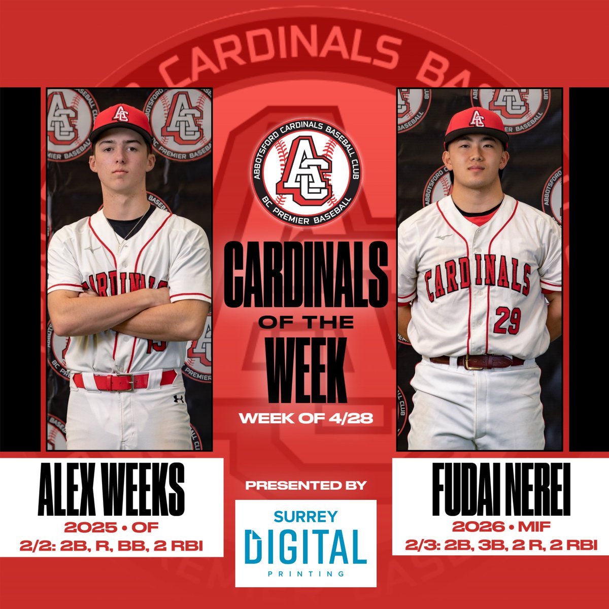 Congratulations to our Cardinals of the Week, Alex Weeks ('25) and Fudai Nerei ('26)!

Alex and Fudai played big roles in the Cardinal offense last week!

Thanks to our sponsor <a href="/surrey_digital/">Surrey Digital</a> for supporting the Abbotsford Cardinals!

#GoCards