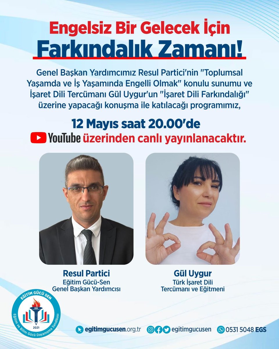 Engelsiz Bir Gelecek İçin Hep Birlikte!

12 Mayıs Pazartesi günü saat 20.00’de, YouTube kanalımız üzerinden canlı olarak yayınlanacak programımıza davetlisiniz!

Genel Başkan Yardımcımız Resul Partici, engelli bireylerin toplumsal ve çalışma hayatında karşılaştığı sorunları çok