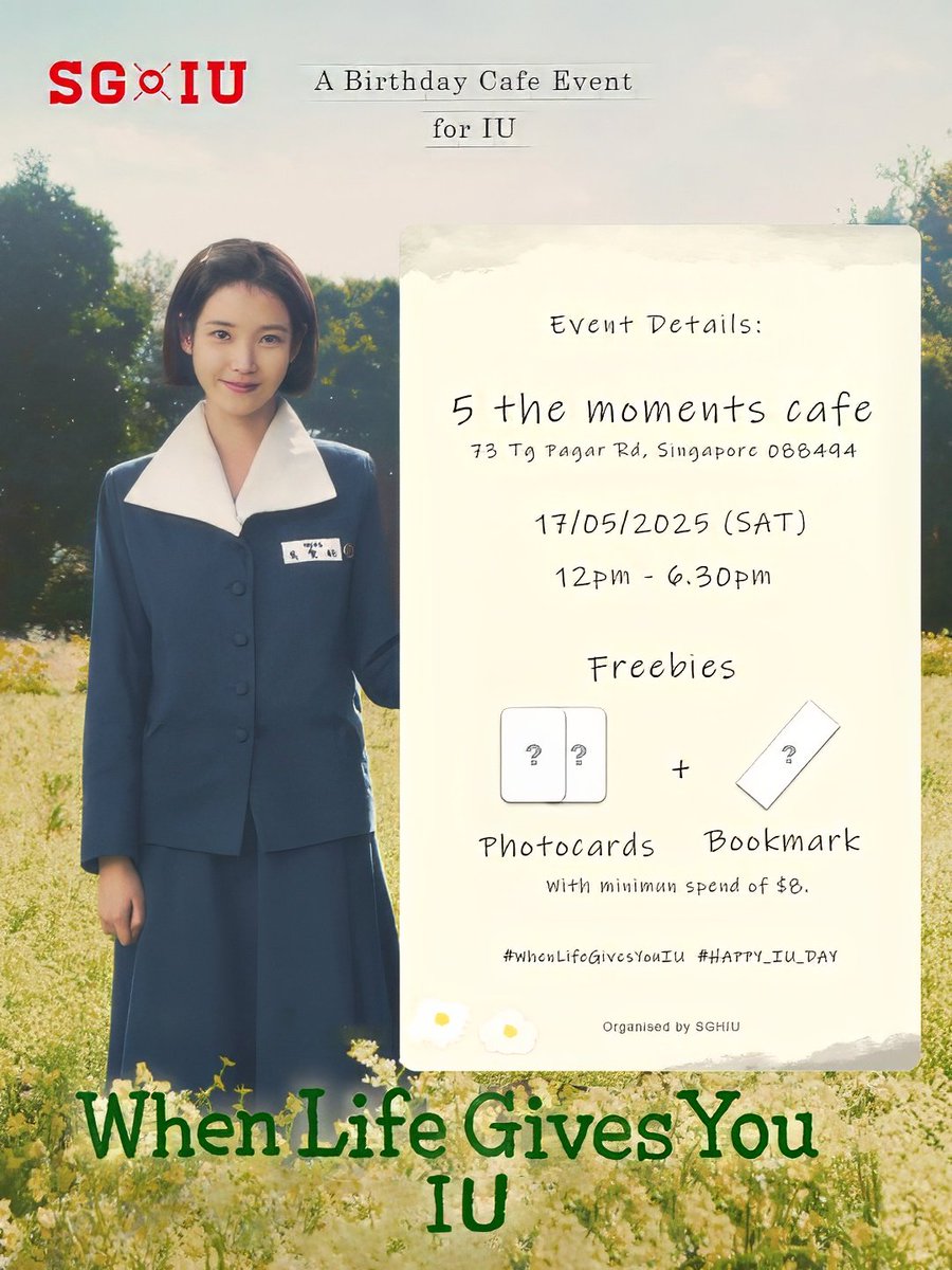 Singaena, it is May which means IU's month 🥳. Join SGHeartIU in celebrating IU's birthday.

🍊 Where: '5 the moments' Cafe (73 Tanjong Pagar Road)
🍊 When: Saturday, 17th May 2025 (12pm to 6.30pm)

#WhenLifeGivesYouIU #Happy_IU_Day #SGHeartIU