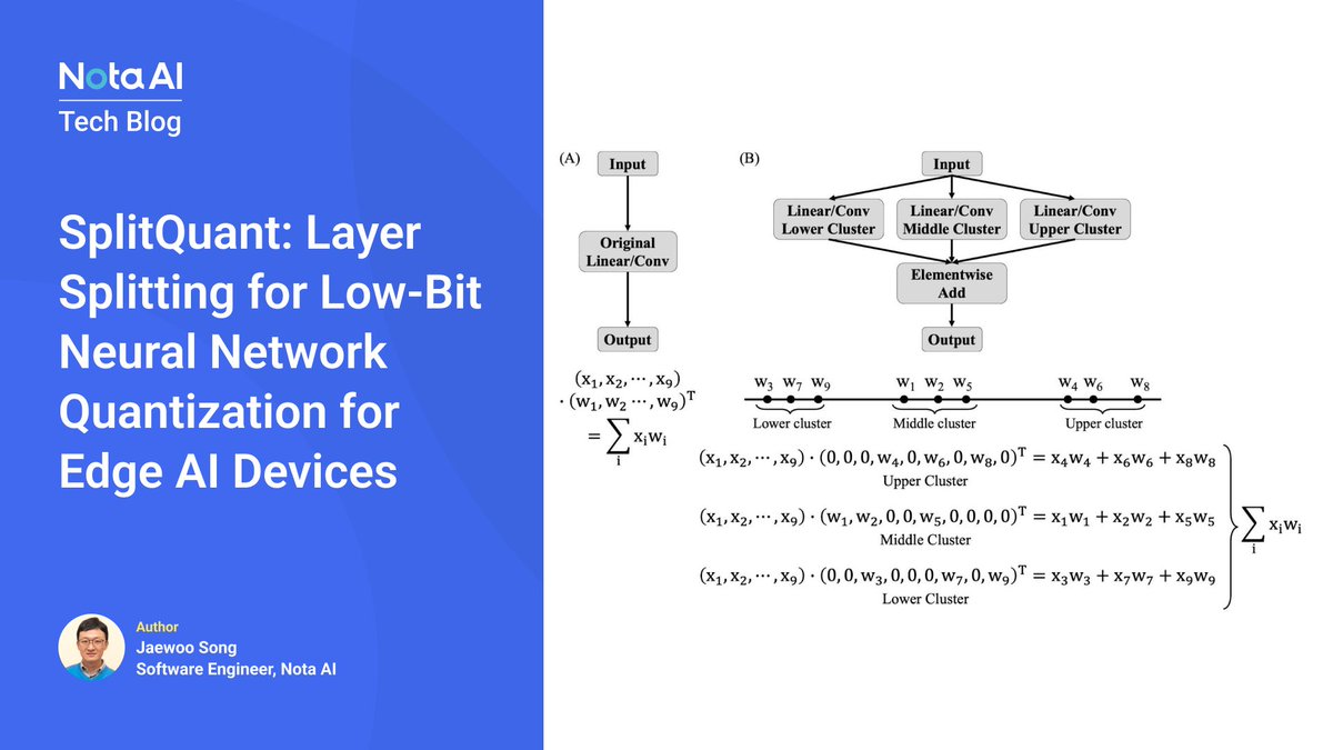 SplitQuant: Layer Splitting for Low-Bit Neural Network Quantization for Edge AI Devices is accepted at Edge AI Foundation Austin 2025! This milestone shows lightweight AI still deliver high accuracy, Nota AI is pushing high performance AI to the edge.🚀

🔗bit.ly/44ZfI6v