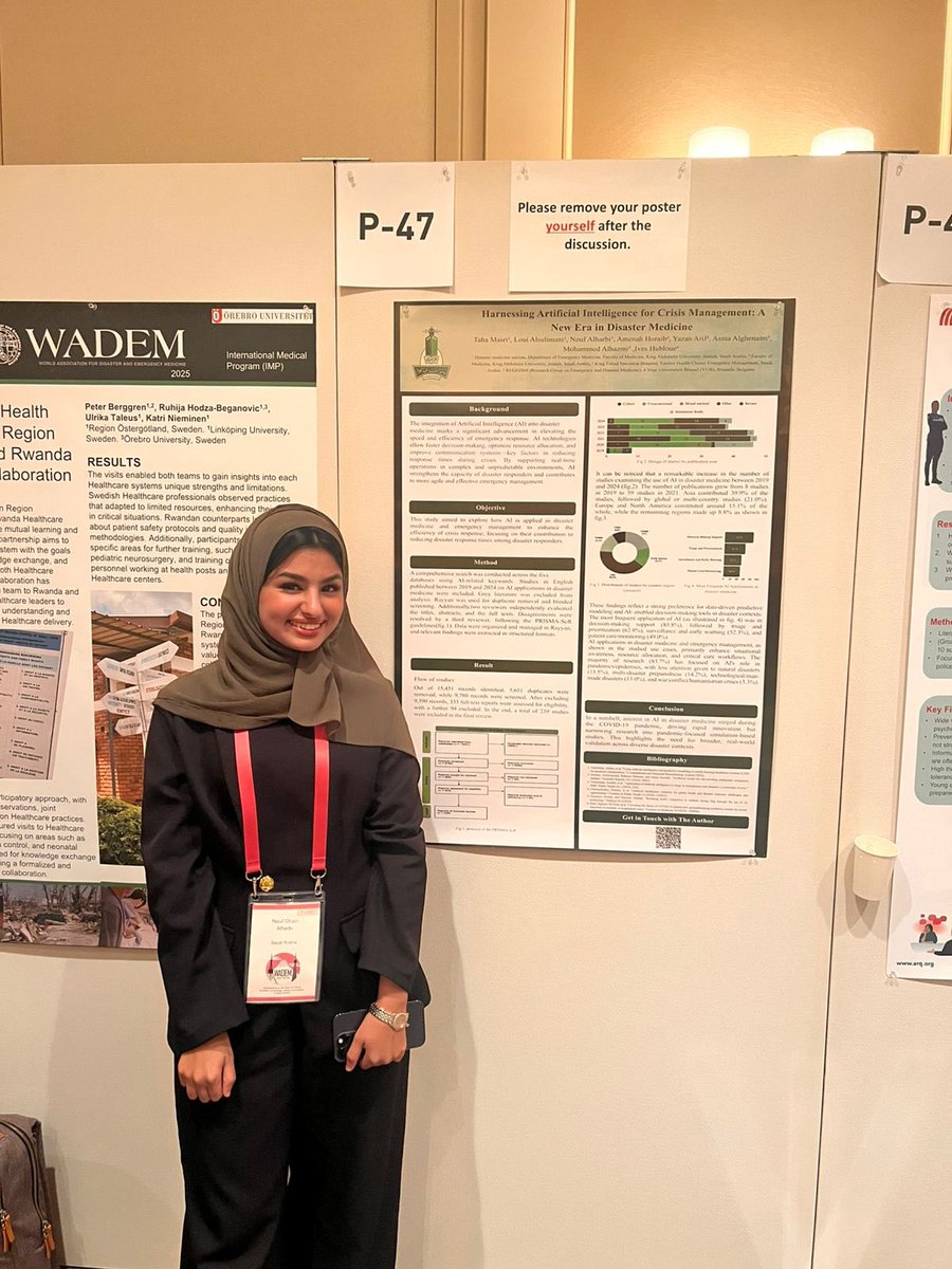 مشاركة قسم الطوارئ بثلاث أوراق علمية في مؤتمر الجمعية العالمية لطب الطوارئ و الكوارث المقام بمدينة طوكيو في اليابان 
متضمنة مشاركة الطالبة نوف الحربي من النادي الطلابي بقسم طب الطوارئ بورقة علمية .