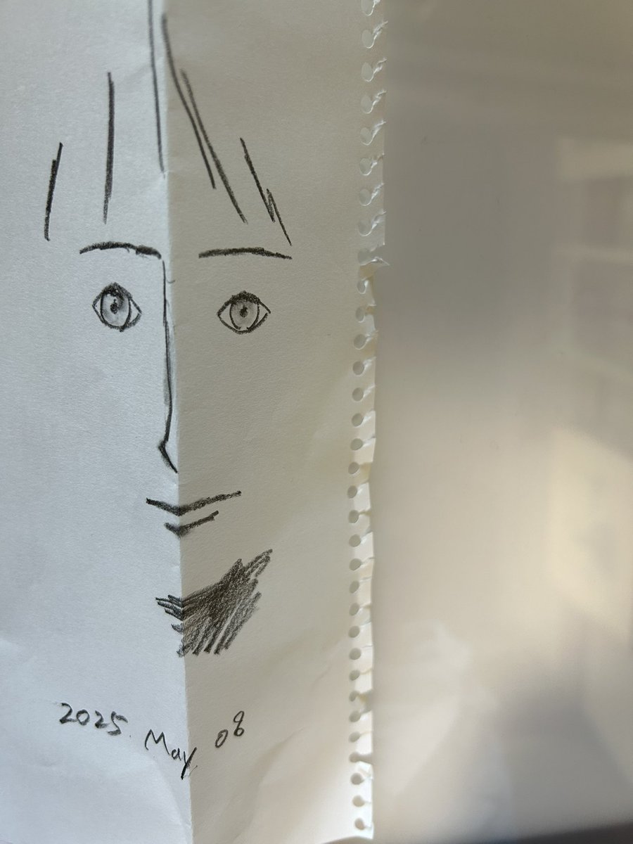 ふと思いついて、そばにあった紙の切れ端に描いた、人の目鼻口。
山折り、谷折り、下から目線や、上から目線で、いろんな感情がでてくるのね。
でも、平らにすれば、またもとの顔。
そんなことして逃避した午後。w

#らくがき #人の顔 #鉛筆画 #pencildrawing #expression