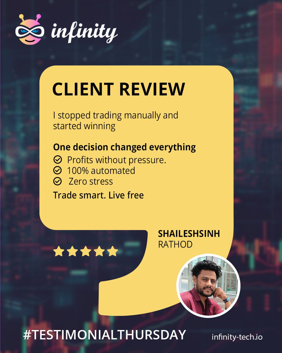 infinityaibot's tweet image. 🚀 One decision. Total freedom.
✅ 100% automated
✅ Zero stress
✅ Real results
#TestimonialThursday #SmartTrading #InfinityTech #TradeFreeLiveFree