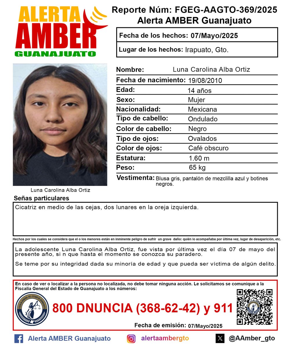 Activación de la Alerta AMBER Guanajuato de la adolescente Luna Carolina Alba Ortiz de 14 años, Irapuato, Gto. ¡Ayúdanos a localizarla!