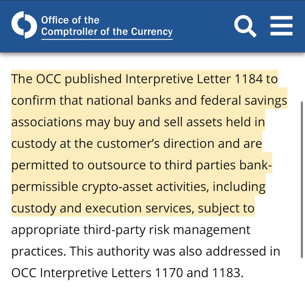The OCC states that national banks may purchase and sell crypto assets on  behalf of customers and delegate custody and execution to third parties,  provided they implement effective risk management. https://t.co/GDRnQWGjyz