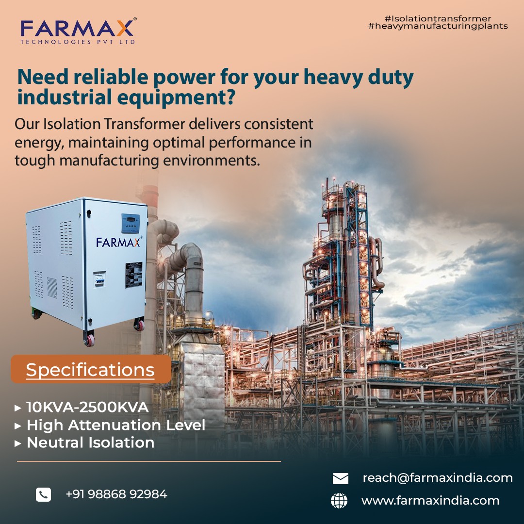 FarmaxT's tweet image. Need reliable power for your heavy-duty industrial equipment?
Our Isolation Transformer delivers consistent energy, maintaining optimal performance in tough manufacturing environments.

📲 Call: 9886892984
🌐 farmaxindia.com

#IsolationTransformer #heavymanufacturingplant