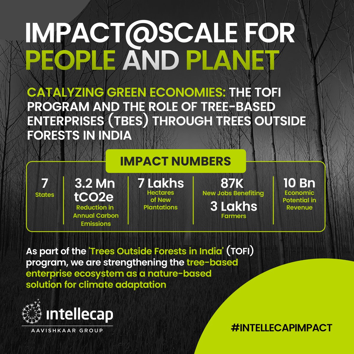 At Intellecap we're creating #ImpactatScale #ForPeopleandPlanet 

We partnered with <a href="/moefcc/">MoEF&CC</a>  &amp; <a href="/CIFOR_ICRAF/">CIFOR-ICRAF</a> to create an ecosystem for expanding ToF &amp; developing viable tree-based enterprises (TBEs) across 7 states in India  

Read more: ow.ly/fek950VP09O