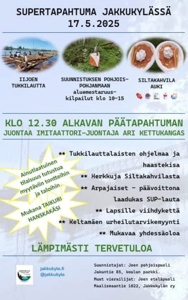 HannuKaisto's tweet photo. Supertapahtuma 17.5 Iin Jakkukylässä, Pohjois-Euroopan pisimmän riippusillan maastossa.
Tervetuloa!
#Iinkunta #Jakkukylä
https://t.co/u5lFRE70Yy https://t.co/b0TCW0198Y