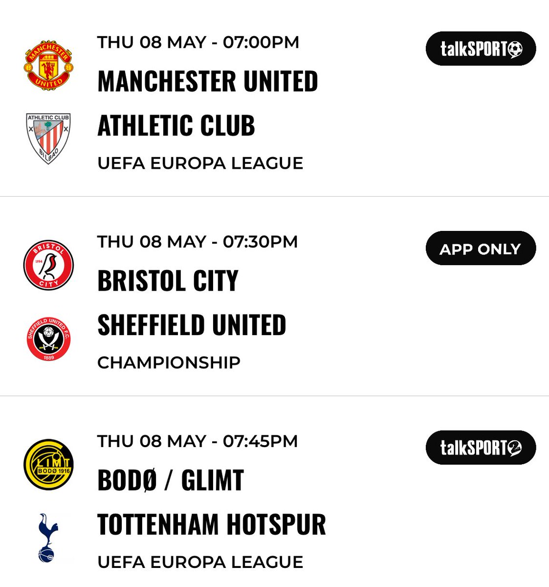 Jason Bourne ๐ป ๐ฆ (@jasonbourne1986) on Twitter photo A choice of 3๏ธโฃ live commentaries this evening ๐ป
๐ Manchester United v Athletic Bilbao <a href="/talkSPORT/">talkSPORT</a> <a href="/HughWoozencroft/">Hugh Woozencroft</a> <a href="/JimProudfoot/">Jim Proudfoot</a> Stuart Pearce
๐ Bodo/Glimt v Tottenham <a href="/talkSPORT2/">talkSPORT 2</a> @Alex_Crook <a href="/TheDeanAshton/">Dean Ashton</a>
๐ Bristol City v Sheffield United <a href="/talkSPORT/">talkSPORT</a> app @TalkDants <a href="/_CSK9/">Courtney Sweetman-Kirk</a> A choice of 3๏ธโฃ live commentaries this evening ๐ป
๐ Manchester United v Athletic Bilbao <a href="/talkSPORT/">talkSPORT</a> <a href="/HughWoozencroft/">Hugh Woozencroft</a> <a href="/JimProudfoot/">Jim Proudfoot</a> Stuart Pearce
๐ Bodo/Glimt v Tottenham <a href="/talkSPORT2/">talkSPORT 2</a> @Alex_Crook <a href="/TheDeanAshton/">Dean Ashton</a>
๐ Bristol City v Sheffield United <a href="/talkSPORT/">talkSPORT</a> app @TalkDants <a href="/_CSK9/">Courtney Sweetman-Kirk</a>
