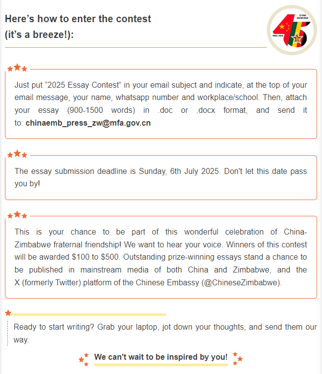 Join us in an essay competition to commemorate the 45th anniversary of the establishment of diplomatic relations between China and Zimbabwe. We are eager to explore your insights and perspectives. Grab your chance to win exciting prizes!