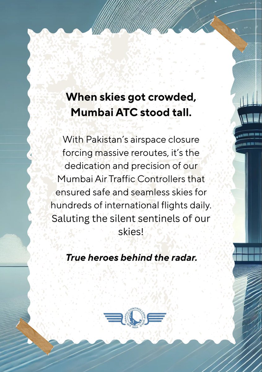 atcguildwr's tweet photo. Seamless skies, tireless efforts. Kudos to Mumbai ATC for their exemplary coordination during unexpected airspace disruptions. Behind every smooth flight is a team that never rests. https://t.co/ttOv860ytu