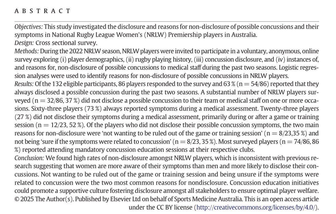 Stephen West (@westy1609) on Twitter photo 🔥New research🔥
Disclosure of concussion in women’s Rugby League <a href="/SMcleod_PT/">Shreya McLeod</a>
🔑 findings
🧠37% did not disclose at least 1 concussion in past 2 seasons
🙅🏼♀️reasons: not wanting to be ruled out/ unsure of symptoms
📚 education may ⬇️ non-disclosure
tinyurl.com/4cmfn227 🔥New research🔥
Disclosure of concussion in women’s Rugby League <a href="/SMcleod_PT/">Shreya McLeod</a>
🔑 findings
🧠37% did not disclose at least 1 concussion in past 2 seasons
🙅🏼♀️reasons: not wanting to be ruled out/ unsure of symptoms
📚 education may ⬇️ non-disclosure
tinyurl.com/4cmfn227