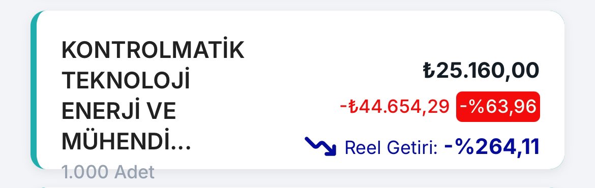 Geçen sene bugün 1000 lot #KONTRM alsaydınız, -%63,96 zarar ettiğinizi sanacaktınız. Ancak enflasyonun sizi yerde tekmelediğini bilmeyecektiniz. 
Yani alım gücünüzün enflasyon nedeniyle -%263,11 azaldığını bilmeyecektiniz. Gerçek zararınızı ancak enflasyonu da hesaba katarak