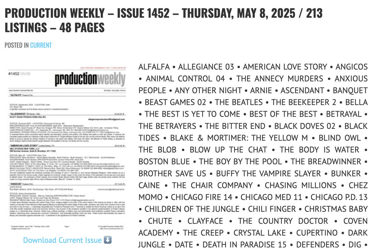 Production Weekly - Issue 1452 - Thursday, May 8, 2025 / 213 Listings - 48 Pages

Download Current Issue ⬇️

productionweekly.com/production-wee…