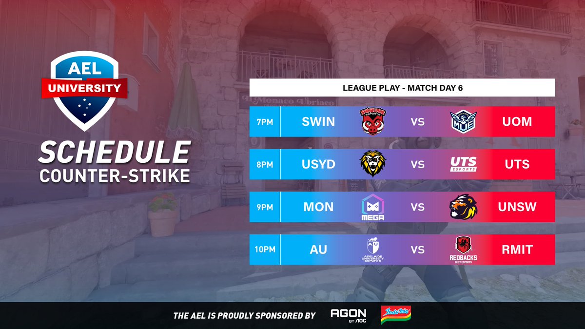 Australian Esports League (@auesportsleague) on Twitter photo To end off Week 6 of the AEL University Elite Series we have more Counter-Strike action!
π΄ Live from 6:45PM AEST
πΊ twitch.tv/auesportsleague
ποΈ <a href="/Mattse123/">MattSe</a> & <a href="/Emperor_zK/">Emperor_zK</a>
πΉοΈ <a href="/TwoTapTony/">Tony</a>
π¬ <a href="/BkWhatOCE/">Bk</a>
Match Schedule
7PM <a href="/SwinEsports/">Swinburne Esports</a> vs <a href="/MelbUniEsports/">Melbourne University Esports</a>
8PM <a href="/USYDSOG/">Sydney University Society of Gamers</a> vs <a href="/UTSEsports/">UTS Esports</a> To end off Week 6 of the AEL University Elite Series we have more Counter-Strike action!
π΄ Live from 6:45PM AEST
πΊ twitch.tv/auesportsleague
ποΈ <a href="/Mattse123/">MattSe</a> & <a href="/Emperor_zK/">Emperor_zK</a>
πΉοΈ <a href="/TwoTapTony/">Tony</a>
π¬ <a href="/BkWhatOCE/">Bk</a>
Match Schedule
7PM <a href="/SwinEsports/">Swinburne Esports</a> vs <a href="/MelbUniEsports/">Melbourne University Esports</a>
8PM <a href="/USYDSOG/">Sydney University Society of Gamers</a> vs <a href="/UTSEsports/">UTS Esports</a>