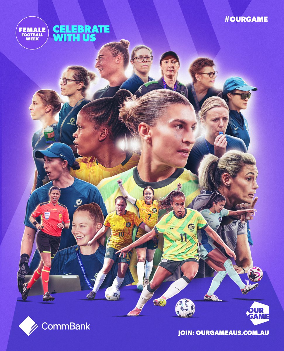 Celebrating the women who lead, inspire, play, coach, referee, support, and shape our game this #FemaleFootballWeek! 💜

From grassroots to the elite level, this week is for you. ⚽

📰 Learn About the people featured: bit.ly/FFW25Graphic

#OurGame <a href="/TheMatildas/">CommBank Matildas</a> <a href="/FootballAUS/">Football Australia</a>