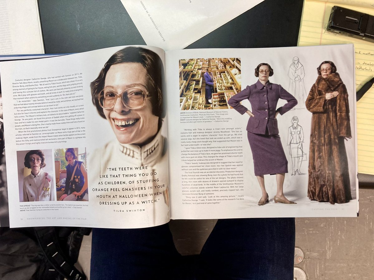 I don't write about this in The Feather Detective, but once while hanging around Smithsonian's Feather ID Lab, I noticed a book about Bong Joon Ho's "Snowpiercer." Seemed out of place but turns out Roxie Laybourne inspired the costume for Minister Mason, played by Tilda Swinton