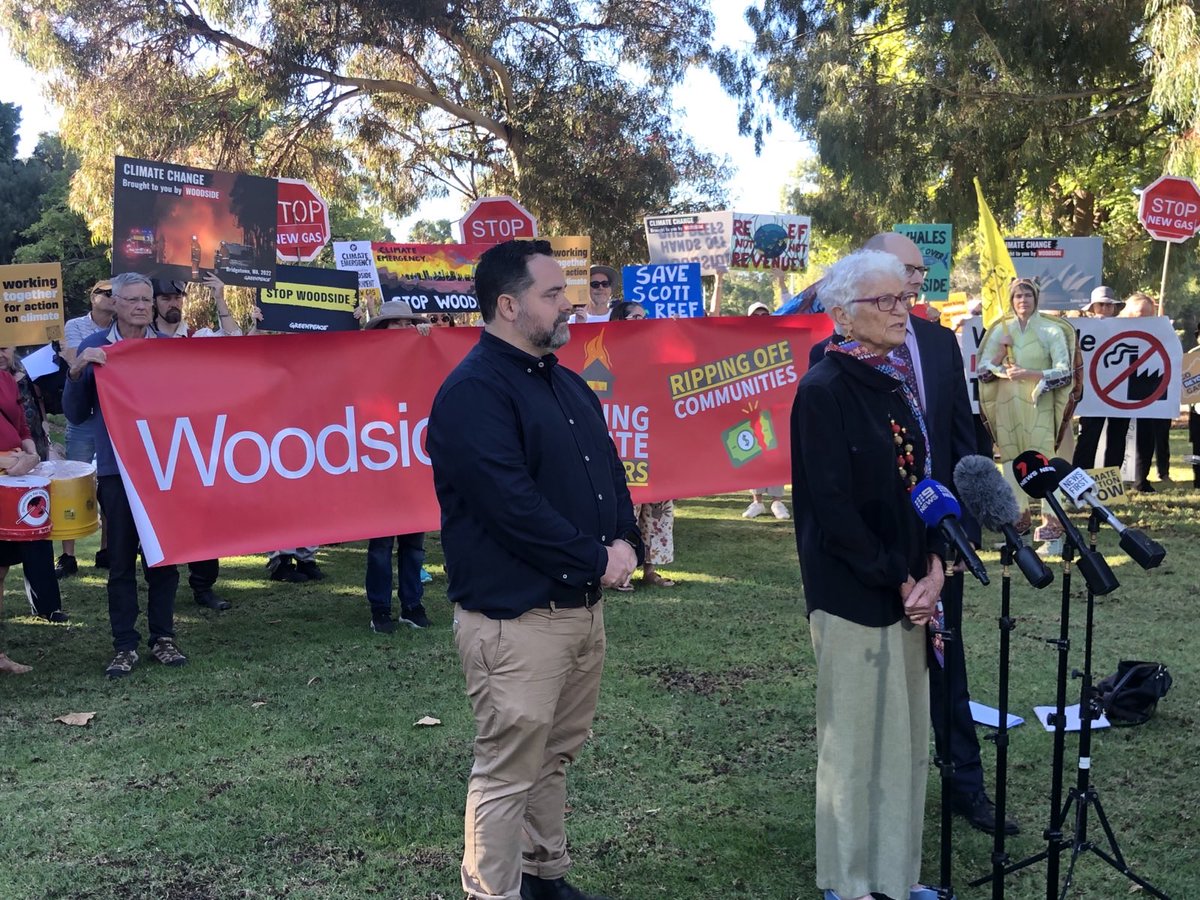 Fiona Stanley talking about the health impacts of climate change outside the Woodside AGM. The company's climate commitments are simply not enough and shareholders know it.