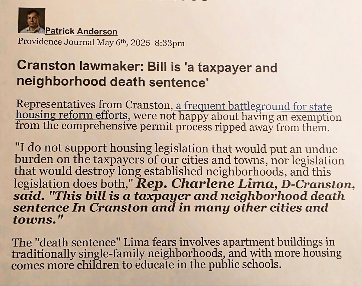 CharleneLimaRI's tweet image. Great article by Patrick Anderson in ProJo: The House is trying to ruin our Cranston neighborhoods and tax our property owners to death by legislation masquerading as affordable housing that will be a death sentence for Cranston taxpayers.
