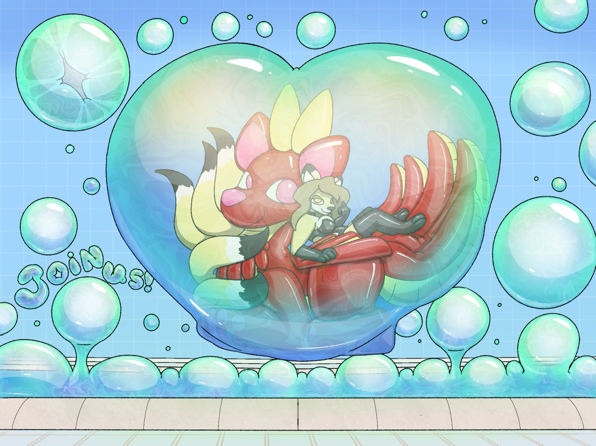 Two Kitsunes lay within a bubble, the two inviting you in to join their bubble party. Want artwork like this? check out the form! forms.gle/pPXTWS9PD9WCRT… . .