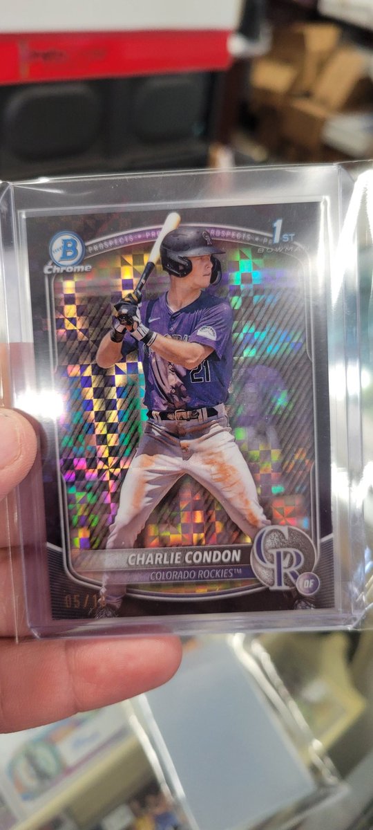 Neat_Rips's tweet photo. So this happened today! #Bowman release day and my kid hits this #Condon/10 black #xfractor. @Topps from a Blaster! https://t.co/qx6yuo6XPo