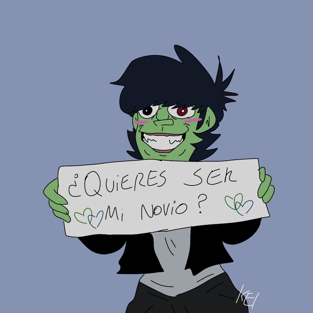 BlueDanger12's tweet photo. 💚🐦‍⬛: [Do you want to be my boyfriend?]
💜🍜: Ew, tell him not.
💙🎶: Me?
💚🐦‍⬛: Yes, you mylov.

#Gorillaz
#MurdocNiccals
#StuartPot
#Noodle
#2Doc
#Gorillazfanart https://t.co/fheX9zsRZi