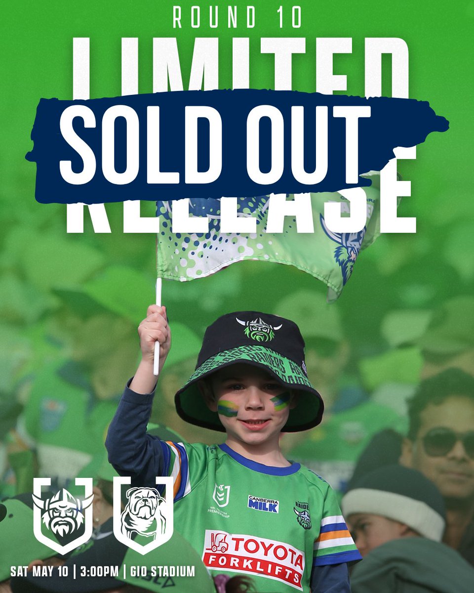 SOLD OUT AGAIN!

All final standing room allocation exhausted. No further tickets will be released or sold at box office on game day.

See you Saturday! 💚

#WeAreRaiders