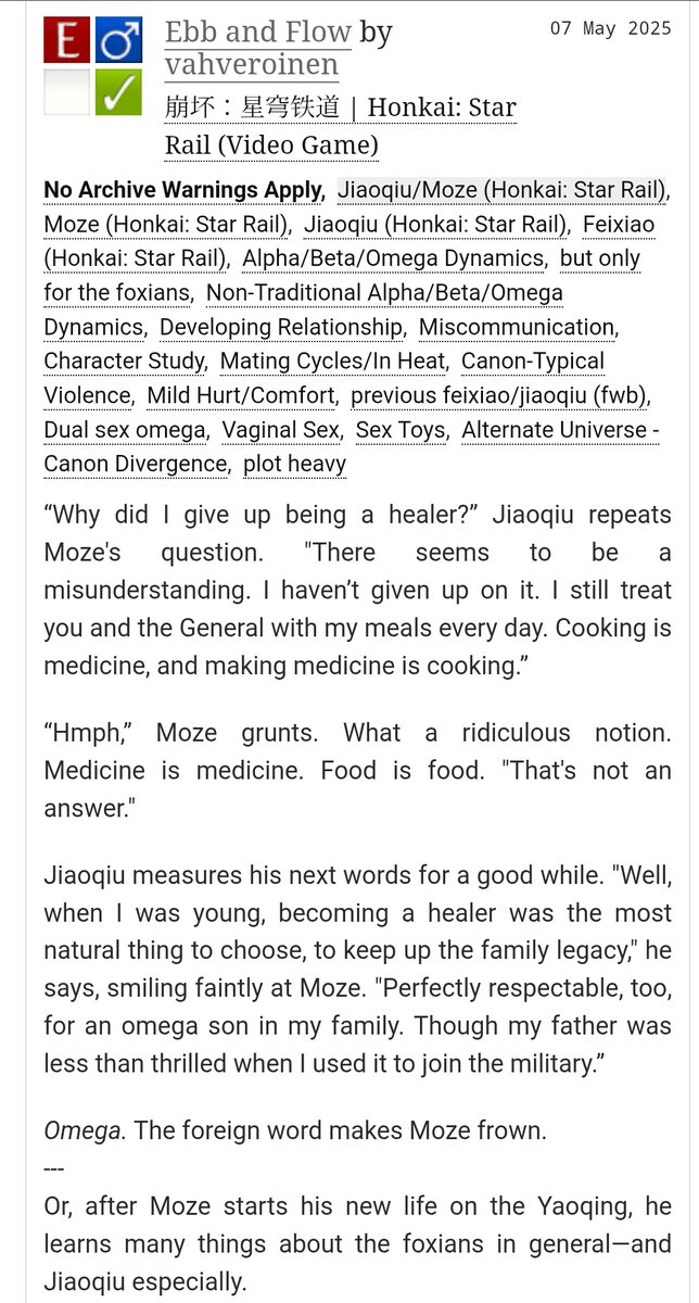 Ebb and Flow 

My contribution to the  <a href="/mozeqiubang/">Mozeqiu Bang | Posting Complete!</a>  in collar with <a href="/BoneWolfArt/">BoneWolf</a>

After Moze starts his new life on the Yaoqing, he learns many things about the foxians in general—and Jiaoqiu especially.
#Mozeqiu omegaverse themes.
Nsfw, explicit but plot heavy, 16k words

Link⬇️