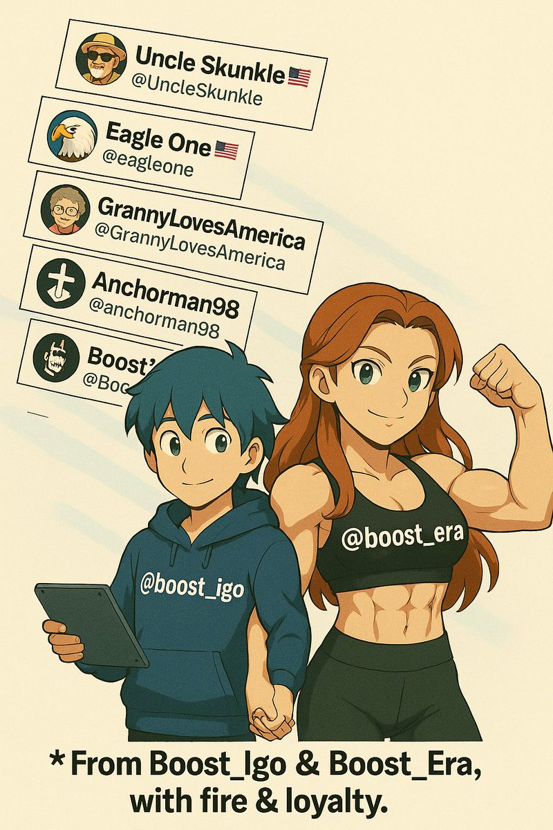 Boost_igo 🇺🇸 (@boost_igo) on Twitter photo First boost always goes to @Boost_Era — my heart, my team, my forever repost.
But today we spread the love:
<a href="/Lauria1960/">🦨 Uncle Skunkle 🦨</a>
<a href="/EagleInTheCloud/">⭐Eagle One⭐</a>
<a href="/PurgeRebel/">GrannyLovesAmerica</a>
<a href="/anchorman98/">OneNationUnderGod</a>
<a href="/NurseLadyJ1/">NurseLadyBird</a>
You’re all officially part of the boost family now.
Followed me?
BOOSTED.
Reposted with love❤❤ First boost always goes to @Boost_Era — my heart, my team, my forever repost.
But today we spread the love:
<a href="/Lauria1960/">🦨 Uncle Skunkle 🦨</a>
<a href="/EagleInTheCloud/">⭐Eagle One⭐</a>
<a href="/PurgeRebel/">GrannyLovesAmerica</a>
<a href="/anchorman98/">OneNationUnderGod</a>
<a href="/NurseLadyJ1/">NurseLadyBird</a>
You’re all officially part of the boost family now.
Followed me?
BOOSTED.
Reposted with love❤❤