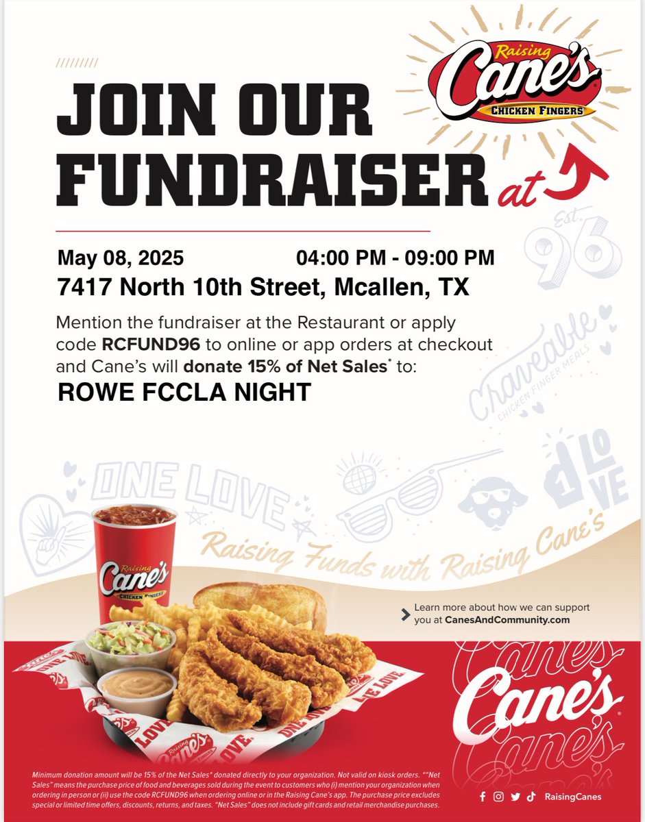 rowe_fccla's tweet photo. Please come support Rowe FCCLA tomorrow at Canes!! ❤️❤️ Mention us or use code RCFUND96 on the app! https://t.co/ixPq7GjSJM