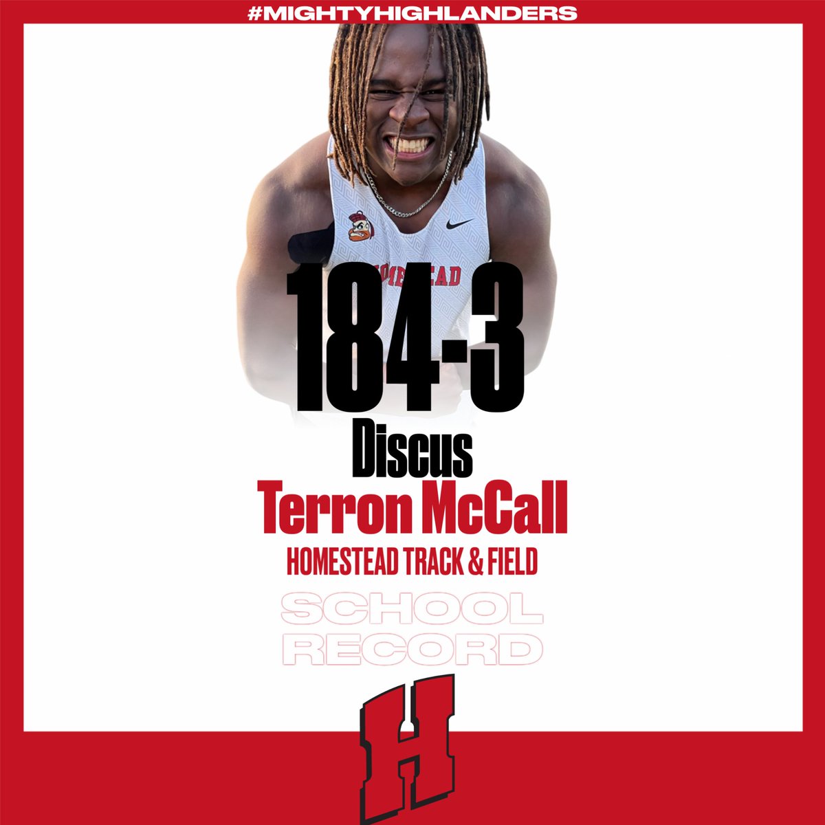 179-11➡️184-3💣
Homestead high school has a new school record holder in the discus! Terron McCall launched a disc 184-3 to win today's NSC relay meet!

He breaks a 15 year old record held by Justin Barber (2010)