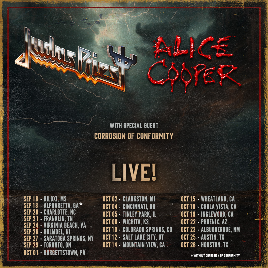 New date added: Judas Priest / Alice Cooper - Wichita, KS - 10.8.25

Tickets at judaspriest.com/tour

Presale: Monday, May 12 @ 10am CT (PW: PAINSHIELD)
Onsale: Friday, May 16 @ 10am CT