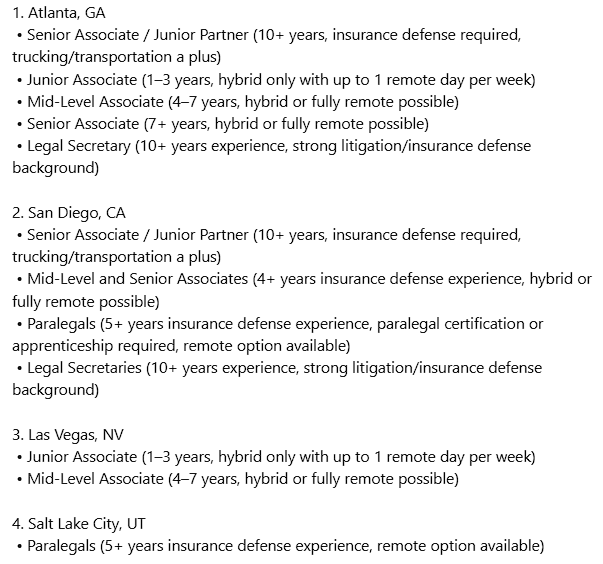 Helping my father’s law firm with a major national hiring effort.

Civil litigation + insurance defense, Fortune 500 clients, expanding across key markets.

We are currently hiring for the attached positions.

If you’re even remotely open to a conversation — or know someone great