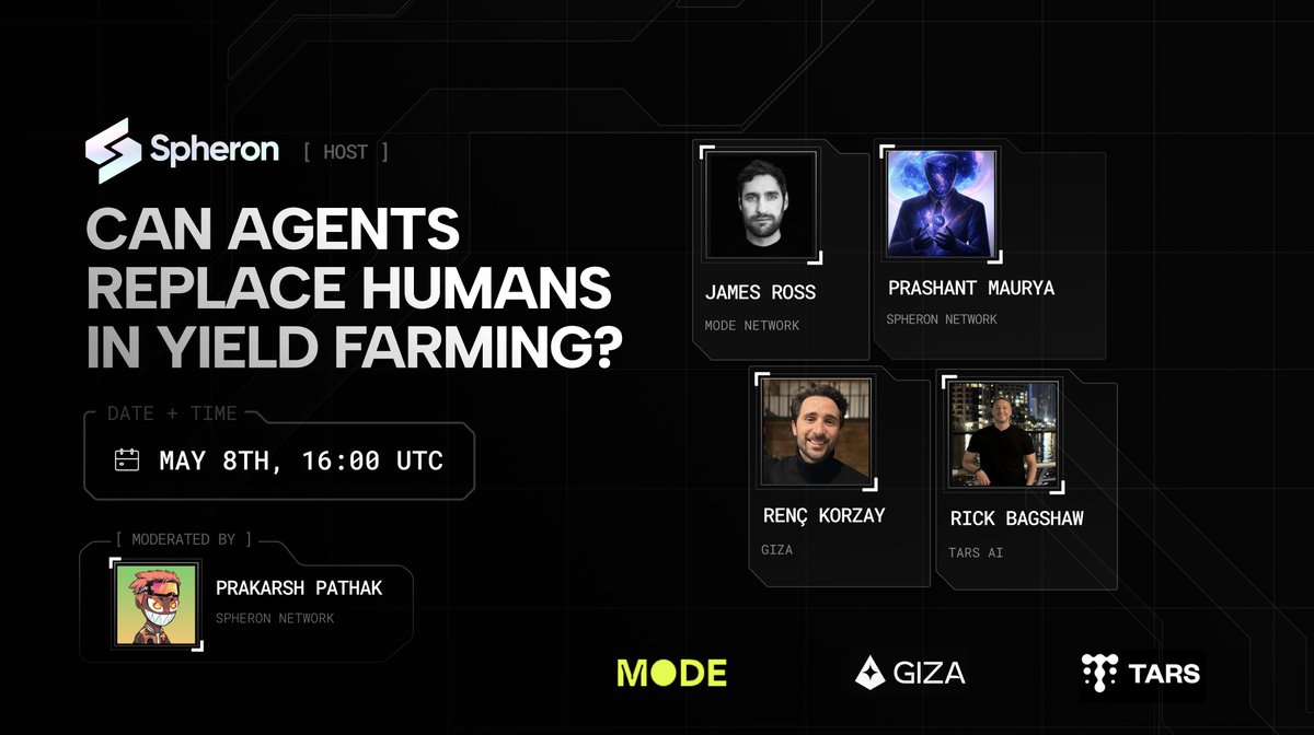 Can agents replace humans in yield farming?

Join us TODAY - May 8th at 16:00 UTC for a deep dive with leaders from <a href="/SpheronFDN/">Spheron Network</a>, @ModeNetwork, <a href="/gizatechxyz/">Giza</a>, and <a href="/tarsprotocol/">TARS AI 🤖</a>.

🔹 Exclusive alpha on autonomous yield strategies
🔹 Battle-tested insights from DeFi's sharpest minds