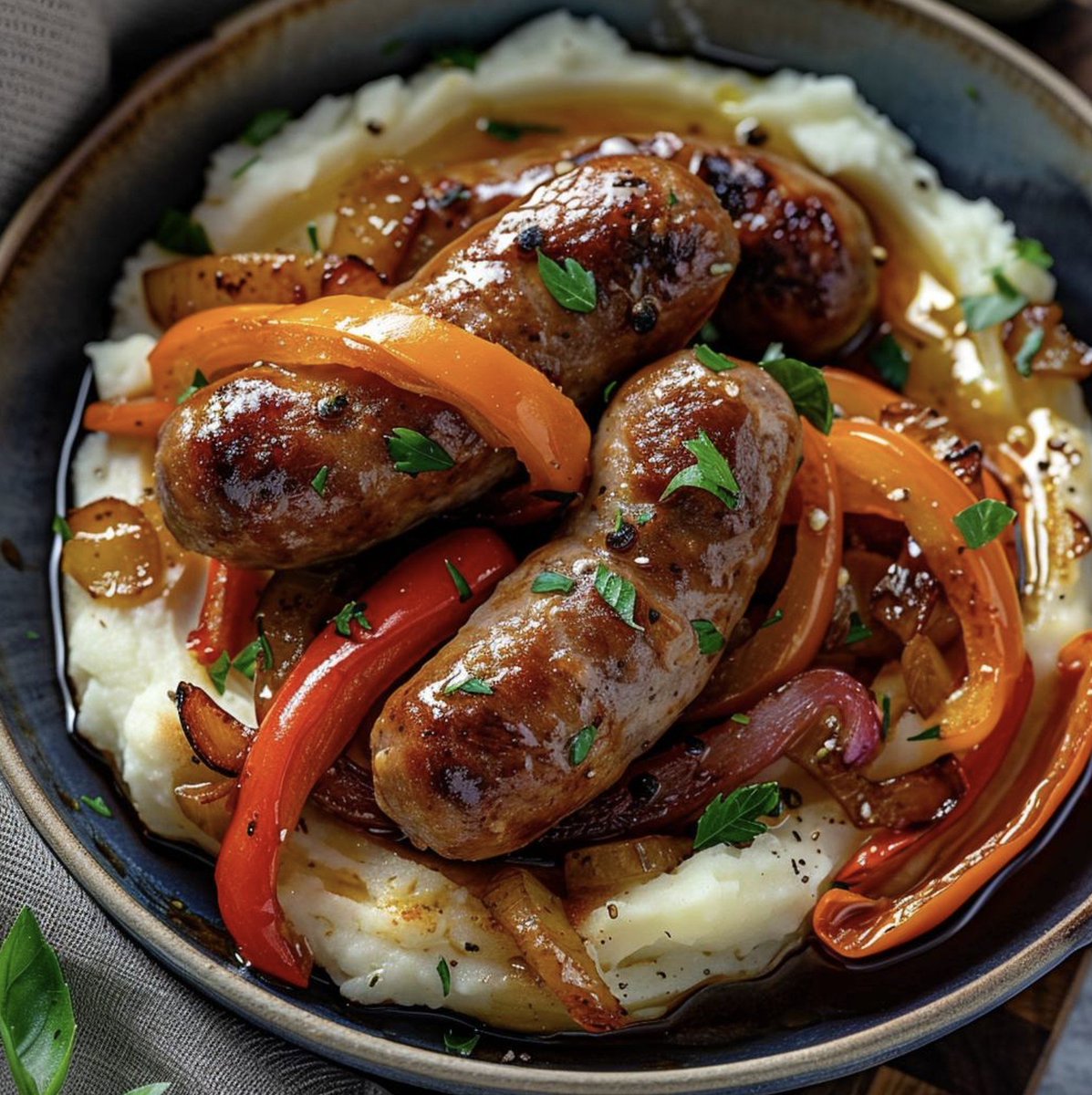 Rustic Italian Sausage with Peppers and Onions over Garlic Mashed Potatoes