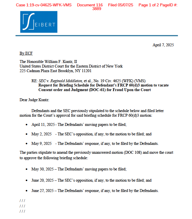 SovereignRiz's tweet image. The Docket on Court Listener was updated today with another letter from @ReggieMiddleton's counsel @FJasonSeibert and an Order by Judge William F. Kuntz granting the amended briefing schedule. 

The parties stipulate to amend the previously unanswered motion (DOC 108) and move…
