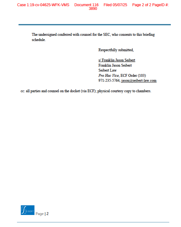 SovereignRiz's tweet image. The Docket on Court Listener was updated today with another letter from @ReggieMiddleton's counsel @FJasonSeibert and an Order by Judge William F. Kuntz granting the amended briefing schedule. 

The parties stipulate to amend the previously unanswered motion (DOC 108) and move…
