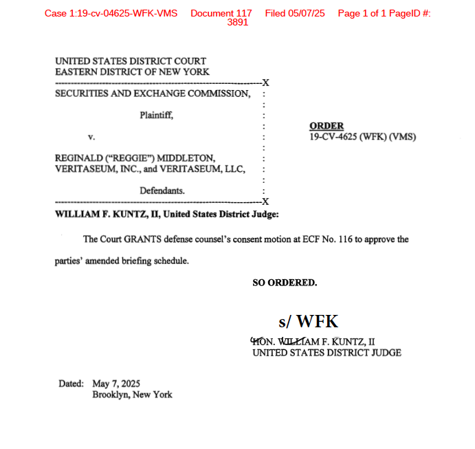 SovereignRiz's tweet image. The Docket on Court Listener was updated today with another letter from @ReggieMiddleton's counsel @FJasonSeibert and an Order by Judge William F. Kuntz granting the amended briefing schedule. 

The parties stipulate to amend the previously unanswered motion (DOC 108) and move…