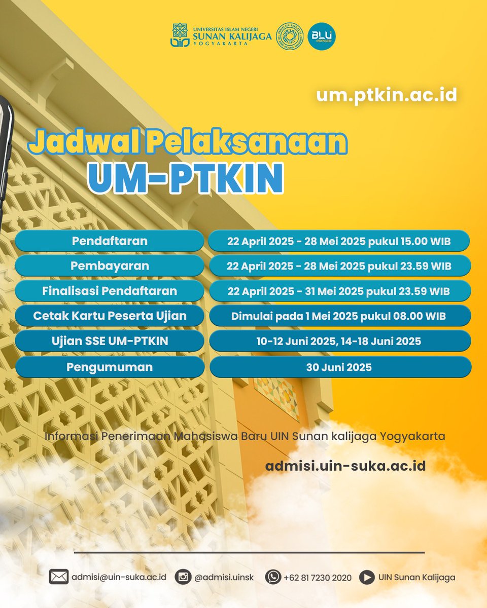 25 prodi keagamaan di UIN Sunan Kalijaga Yogyakarta bs kamu pilih lewat jalur UM-PTKIN. Mayoritas prodi terakreditasi Unggul &amp; A dg kuota lbh bsr di jalur ini. 
Pendaftaran ditutup tgl 28 Mei 2025. Segera meluncur ke laman um.ptkin.ac.id. 
#uinsk #uinsuka #uinjogja
