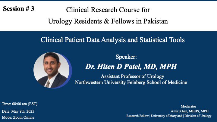 Amir Khan (@amirkhanuro) on Twitter photo Excited to welcome Dr. <a href="/HitenDPatel/">Hiten Patel</a> tomorrow as the speaker for our 3rd session of the “Clinical Research Course for Urology Residents & Fellows in Pakistan”. He’ll be covering key concepts in stats & data analysis. Looking forward to another great learning session! <a href="/NM_Urology/">NM Urology</a> Excited to welcome Dr. <a href="/HitenDPatel/">Hiten Patel</a> tomorrow as the speaker for our 3rd session of the “Clinical Research Course for Urology Residents & Fellows in Pakistan”. He’ll be covering key concepts in stats & data analysis. Looking forward to another great learning session! <a href="/NM_Urology/">NM Urology</a>
