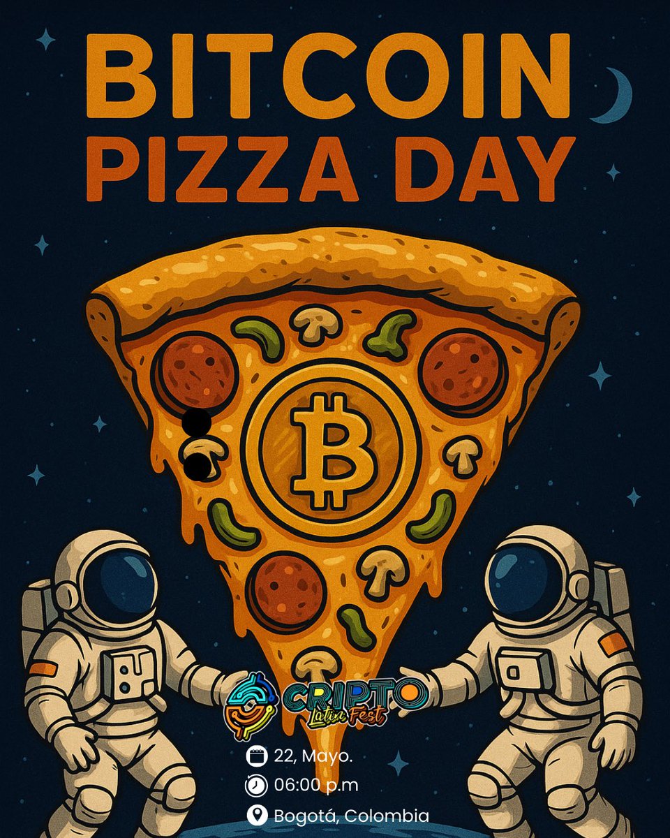 ¡Celebremos juntos el Bitcoin Pizza Day en Bogotá! 🍕✨

Cripto Latin Fest te invita a conmemorar uno de los momentos más icónicos en la historia de Bitcoin: la compra de dos pizzas por 10,000 BTC. 🧡
Acompáñanos este 22 de mayo de 2025 en un evento lleno de comunidad, buena