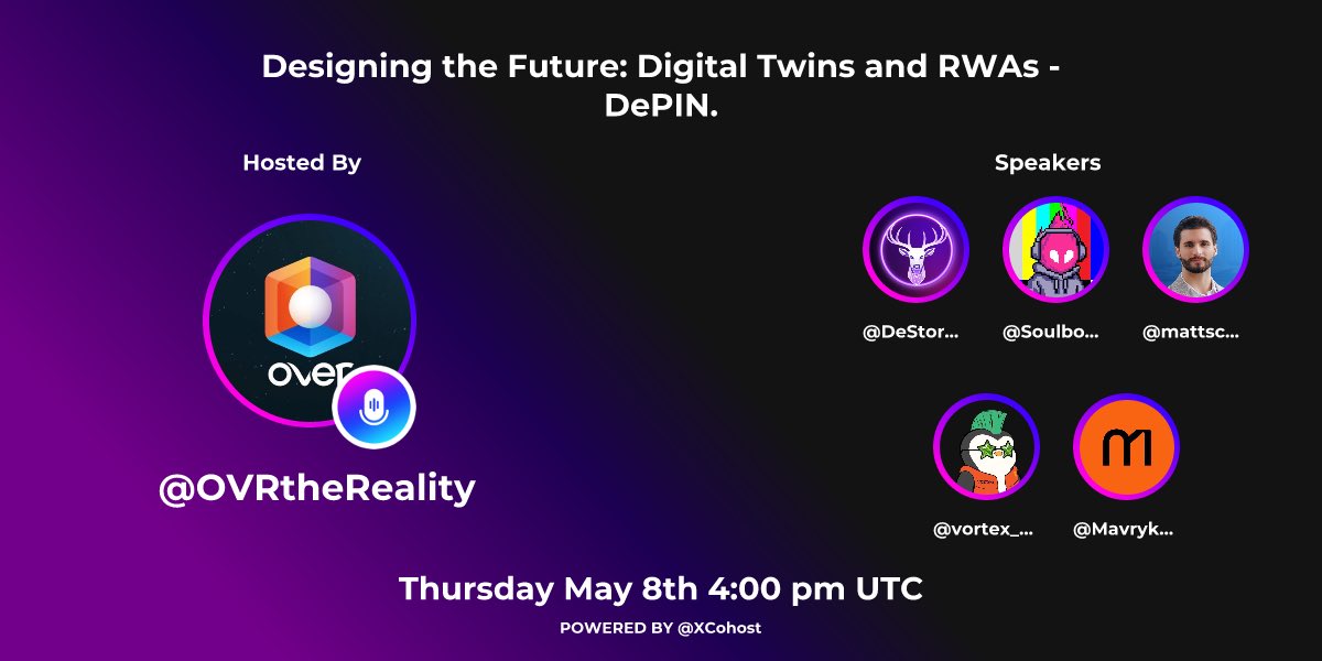 Over the Reality 🌐 (@ovrthereality) on Twitter photo 🚨 Space Alert! Designing the Future.
How do Digital Twins and RWAs integrate into decentralized physical networks?
Tap in: x.com/i/spaces/1YqKD…
We’ll discuss use cases, friction points, and untapped potential with our panel speakers:
<a href="/DeStore_Network/">DeStore | Your Phygital Gateway</a>
<a href="/Soulbound_TV/">Soulbound TV</a> 🚨 Space Alert! Designing the Future.
How do Digital Twins and RWAs integrate into decentralized physical networks?
Tap in: x.com/i/spaces/1YqKD…
We’ll discuss use cases, friction points, and untapped potential with our panel speakers:
<a href="/DeStore_Network/">DeStore | Your Phygital Gateway</a>
<a href="/Soulbound_TV/">Soulbound TV</a>