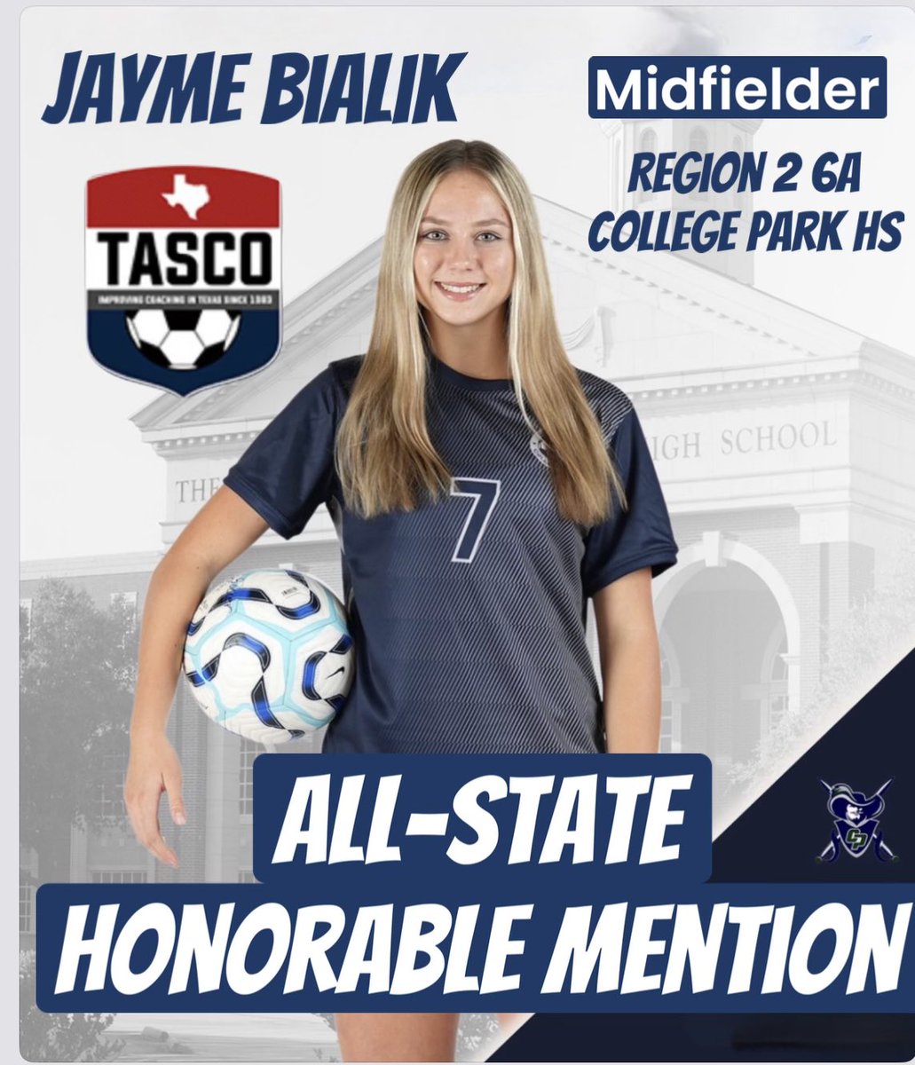 THANK YOU <a href="/tascosoccer/">TASCO</a>  and the Region 2 Coaches for Honorable Mention All-State Midfielder!  I am honored to represent Region 2 in the TASCO Senior Showcase on May 10th! 
<a href="/Challenge07ECNL/">Challenge 07 ECNL (U18/19)</a> 
<a href="/SoccerTwcp/">TWCP Womens Soccer</a> 
<a href="/ConroeISDSports/">Conroe ISD Athletics</a> 
<a href="/MaxPreps/">MaxPreps</a> 
<a href="/TopDrawerSoccer/">TopDrawerSoccer</a>
