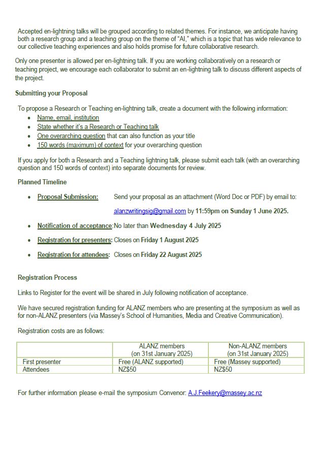 2nd Writing SIG Symposium - Call for Proposals
We invite abstracts for presentations at the 2nd ALANZ Writing SIG symposium. The conference will be held in person at: Te Kunenga ki Pūrehuroa – Massey University’s Manawatū Campus
Friday 29 August, 2025 – 9.00am to 5.00pm