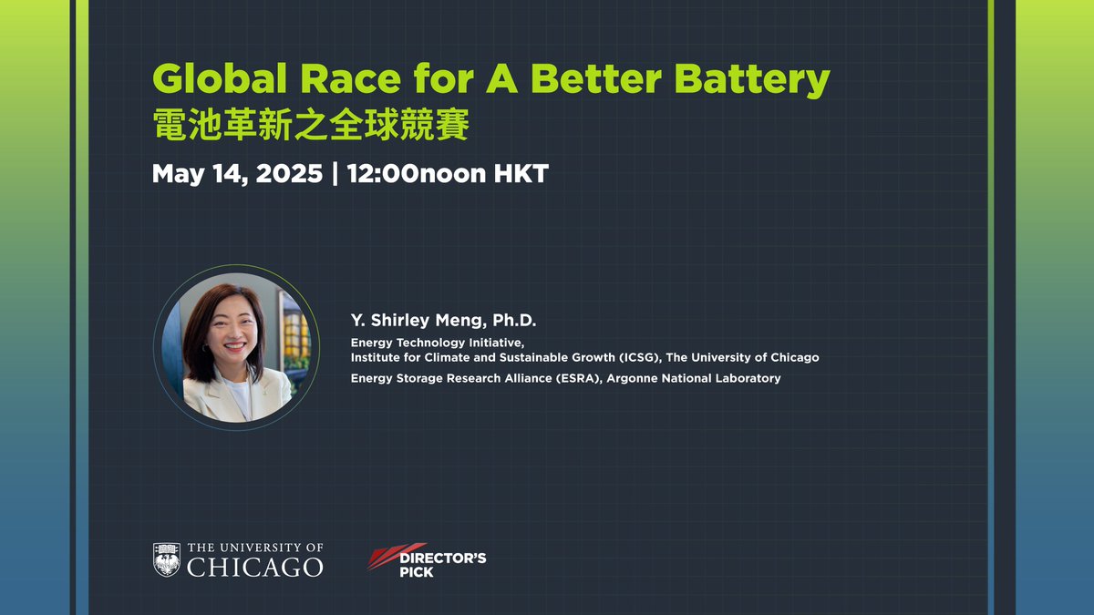 UChicagoHK (@uchicagohk) on Twitter photo .<a href="/UChicago/">The University of Chicago</a> expert Shirley Meng will share her innovations in #energy storage technology. The talk will discuss #battery materials, #sustainability challenges, and the future of renewable energy integration. Join us on May 14 at 12noon HKT! bit.ly/3Z8ZT9J #ElectricVehicle .<a href="/UChicago/">The University of Chicago</a> expert Shirley Meng will share her innovations in #energy storage technology. The talk will discuss #battery materials, #sustainability challenges, and the future of renewable energy integration. Join us on May 14 at 12noon HKT! bit.ly/3Z8ZT9J #ElectricVehicle